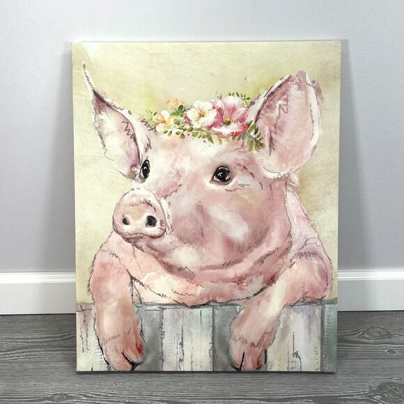 Farmhouse Pig Canvas Wall Art Wearing Floral Crown Country Rustic Painting Decor - Picture 1 of 3